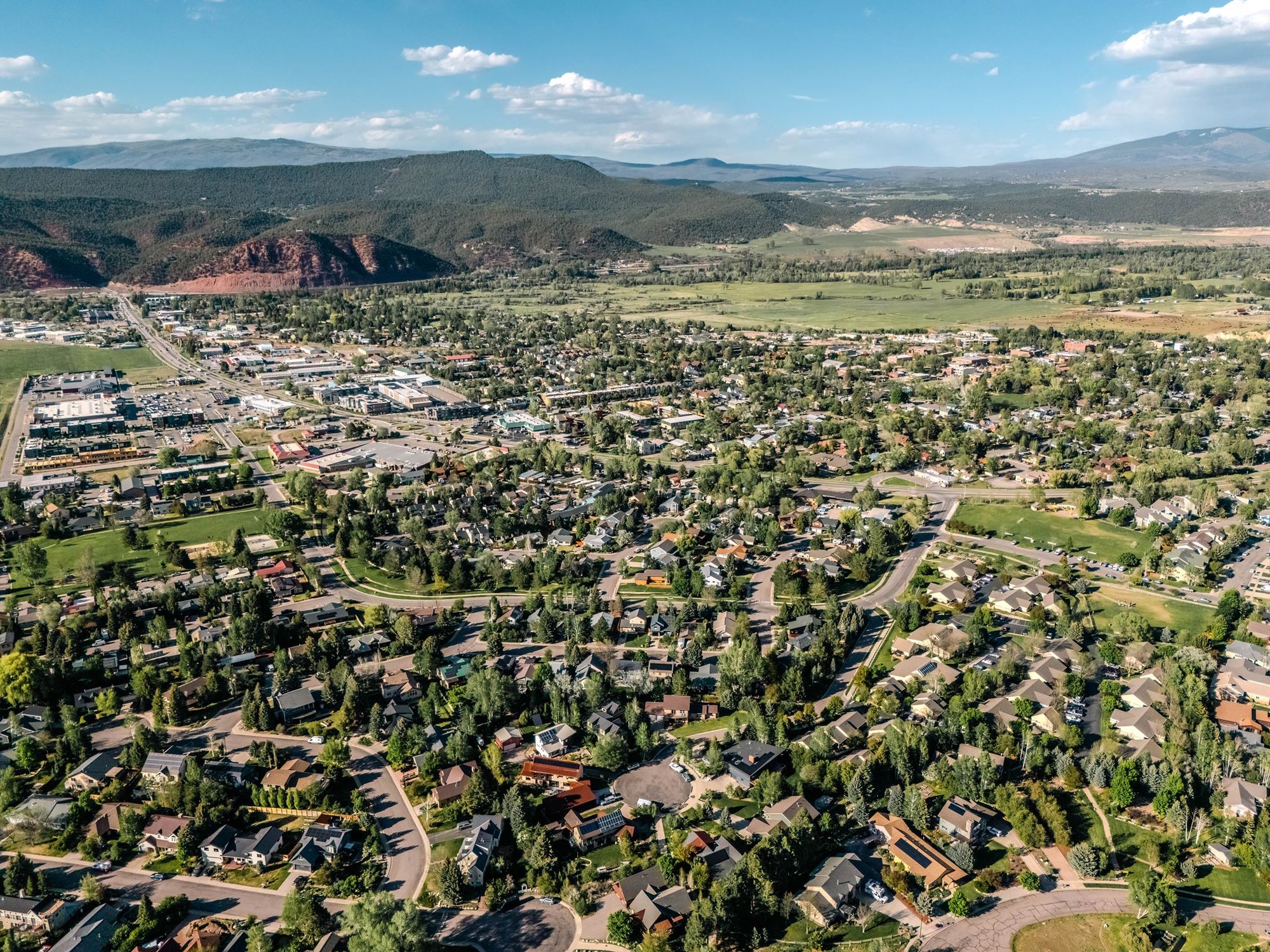 Wide aerial view across Carbondale and Mount Sopris