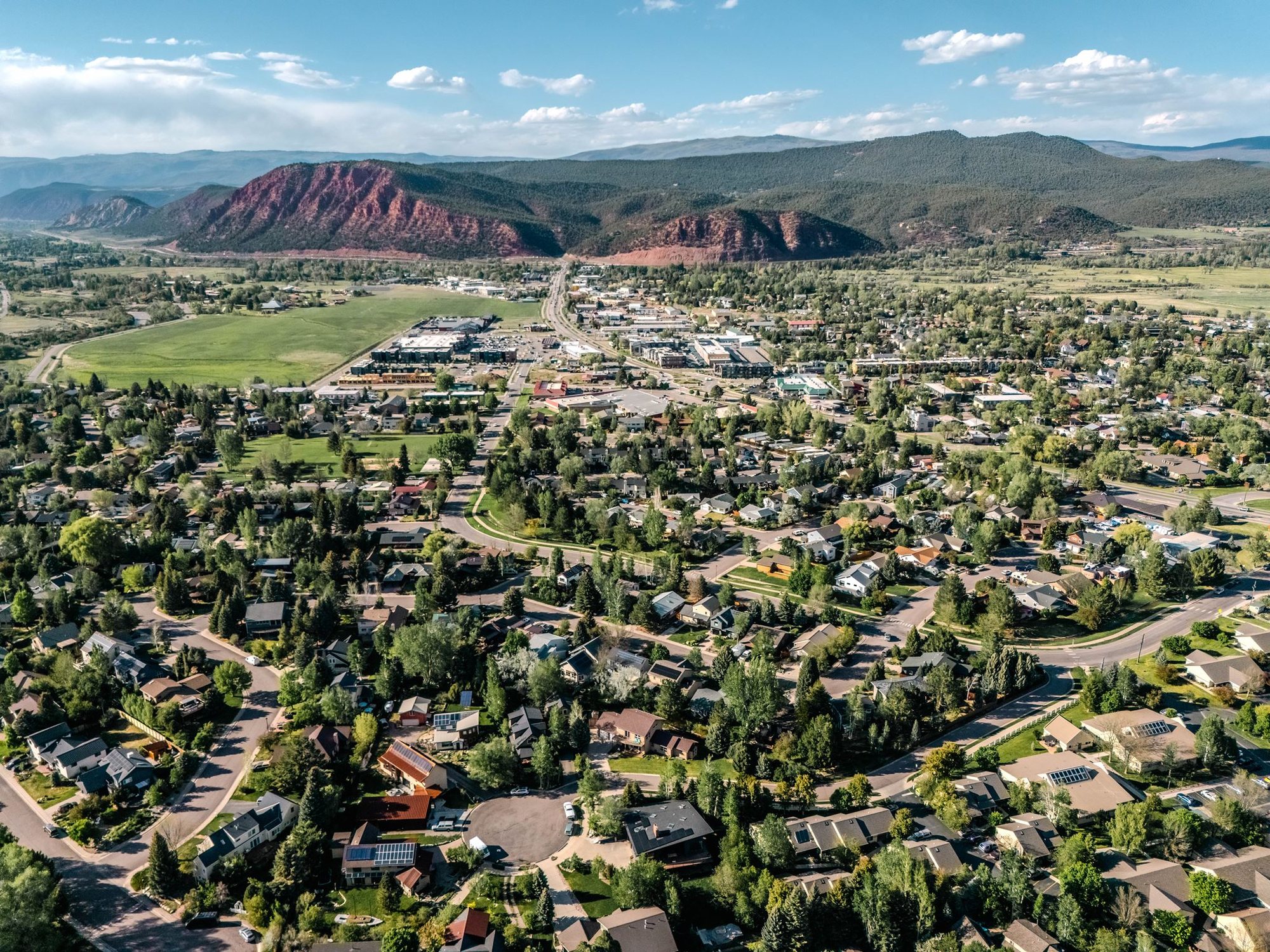 Aerial view across Carbondale and Mount Sopris