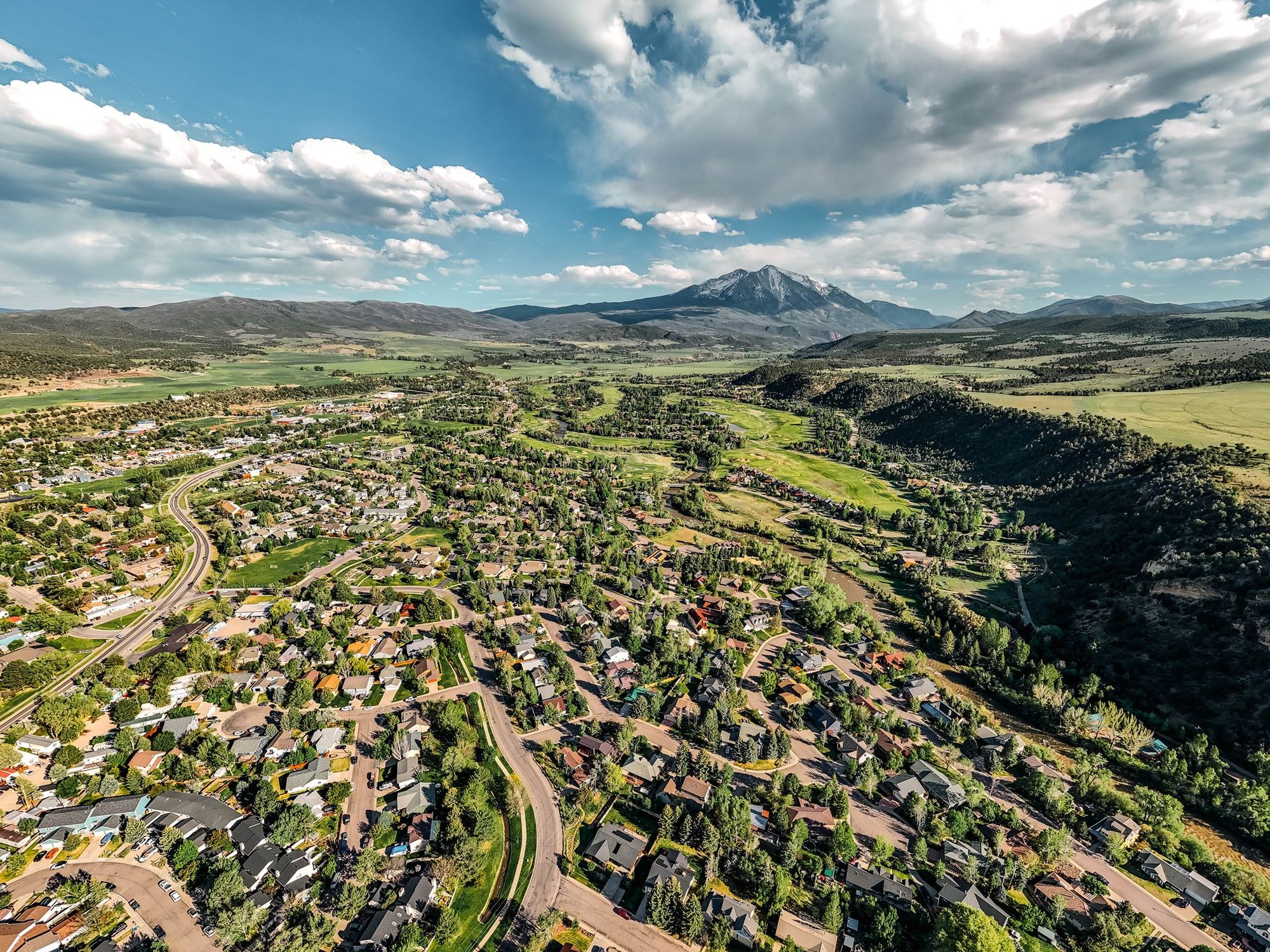 Wide aerial view of the Roaring Fork Valley